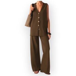 Commense Brown Knit Vest & Wide Leg Pants Set Gold Button Lounge Set NWT XL
